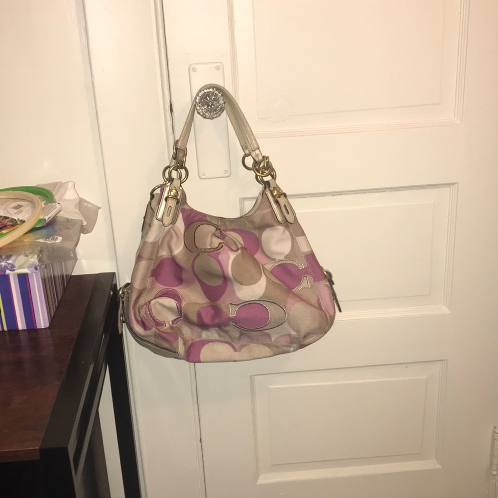 Coach Signature Hobo Bag in Pink and Beige